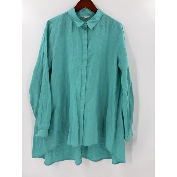 Eileen Fisher Shirt 100% Organic Irish Linen ButtonFront A Line Tunic Aqua LARGE - Picture 5 of 13